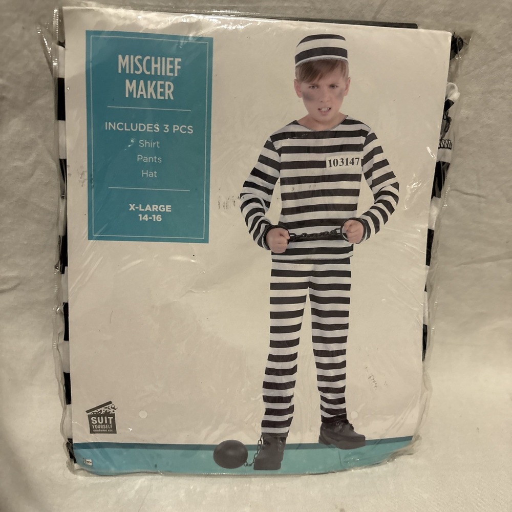boys NEW NIP‎ MISCHIEF MAKER CONVICT HALLOWEEN COSTUME XL HAT PANTS TOP